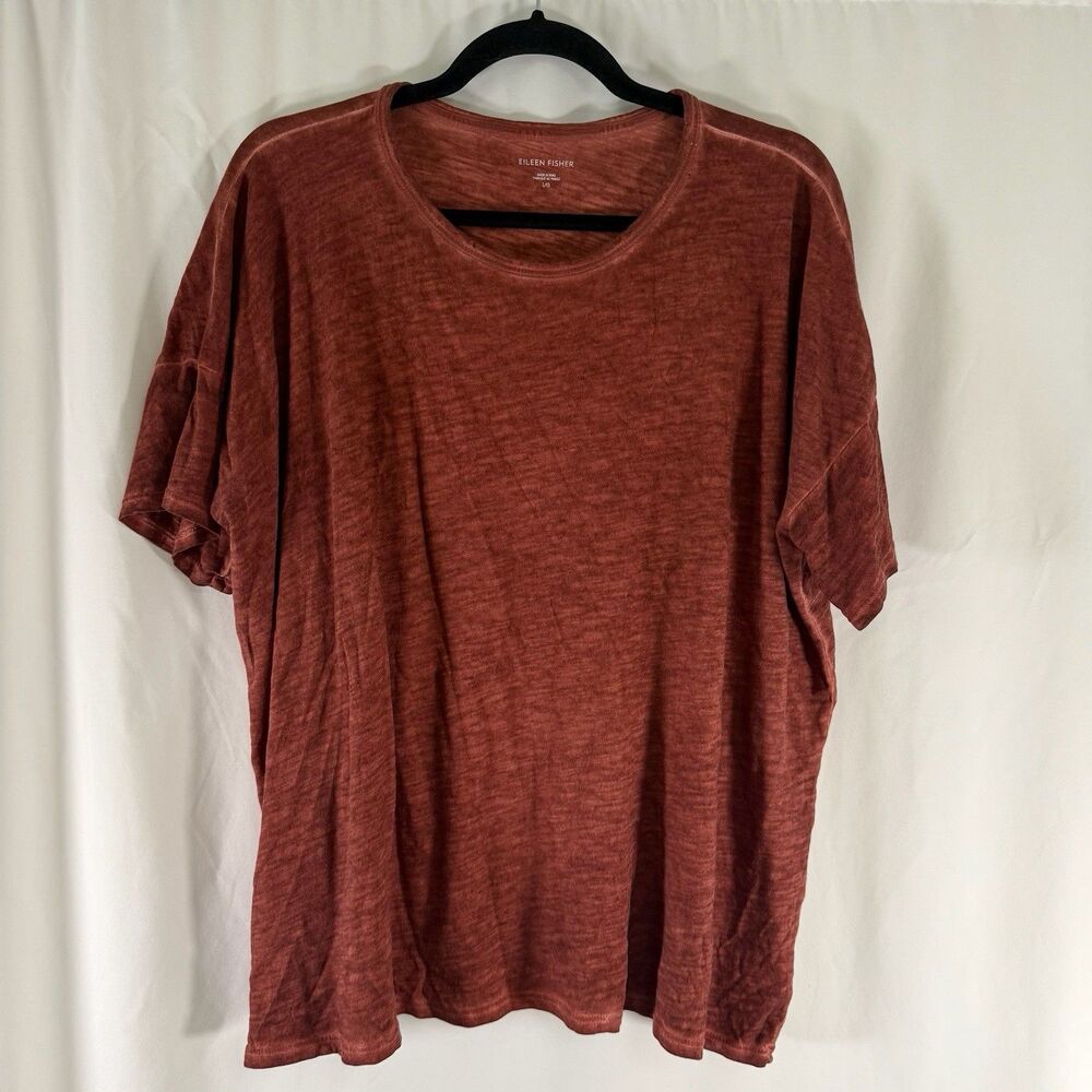Eileen Fisher Shirt Women Large Heathered Orange Short Sleeve Crew Neck Pullover
